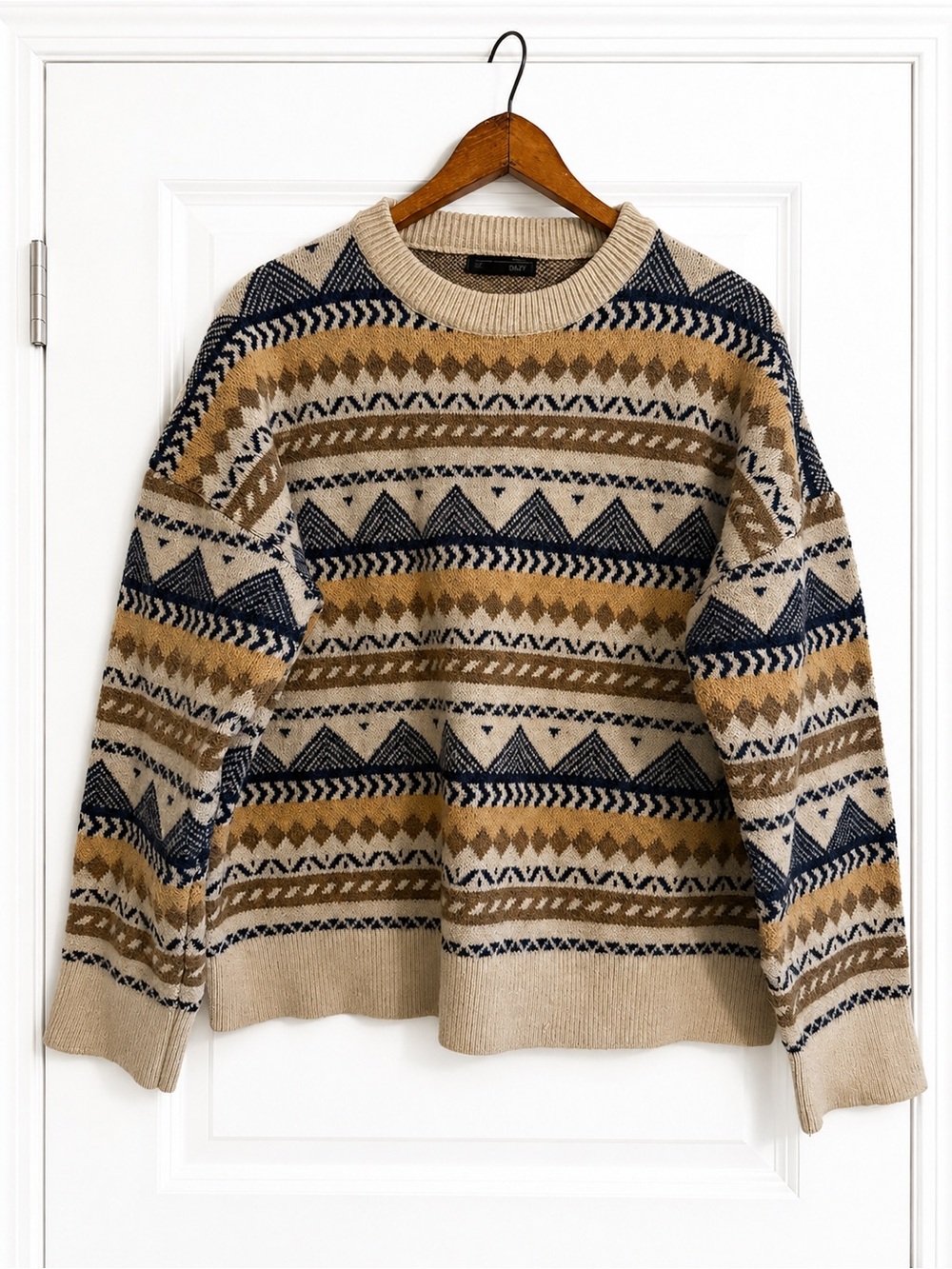 DAZY Oversized Fair Isle Geometric Knit Sweater Large Cozy Crewneck Boho